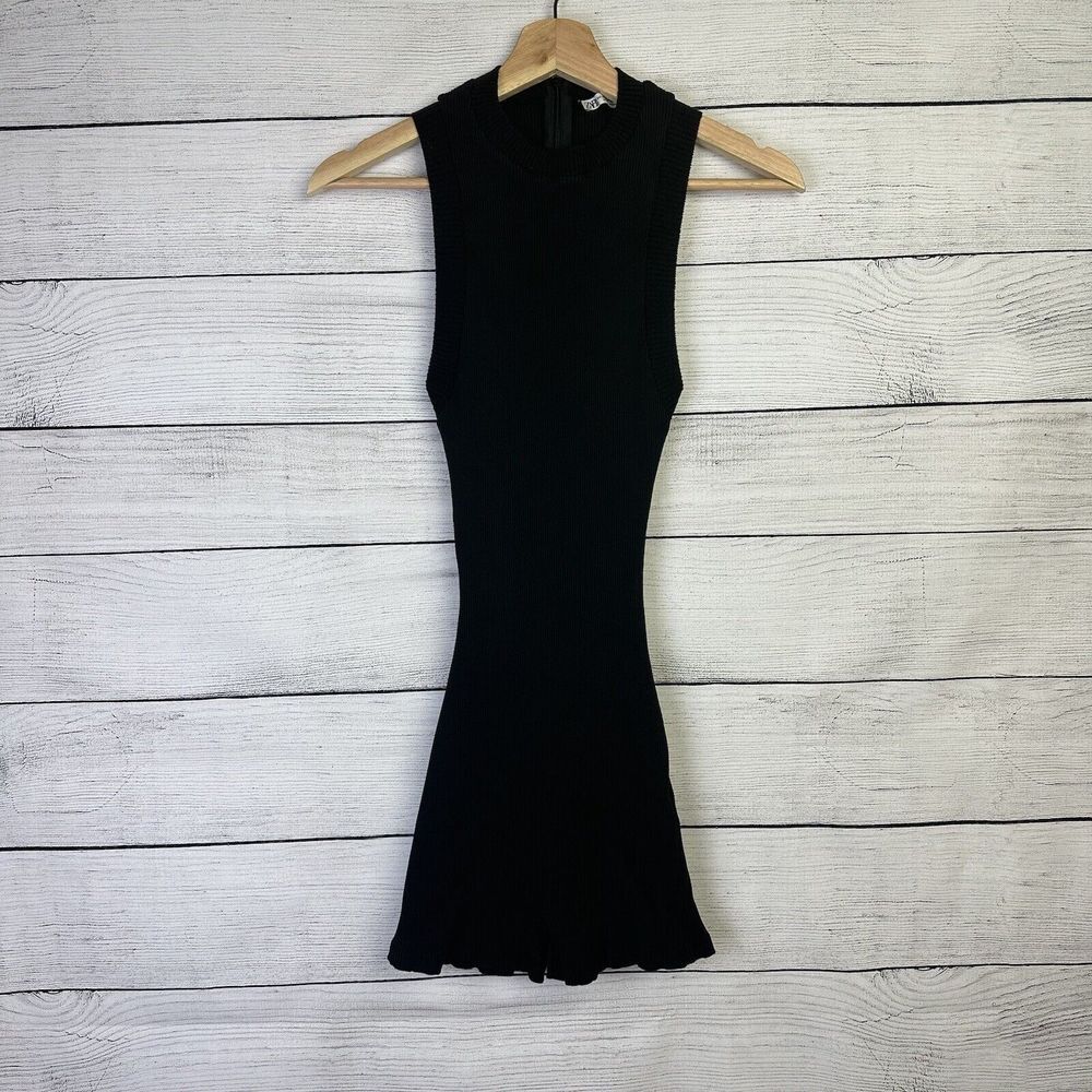 ZARA Women's Ribbed Black Romper‎ Shorts Playsuit Zip Tank Open Back Size Medium